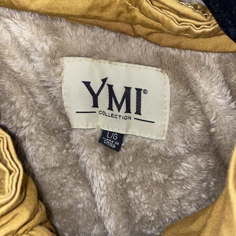 YMI Mustard Faux Fur Lined Cinched Waist‎ Hooded Vest Large Women's Snap Front - Picture 5 of 10